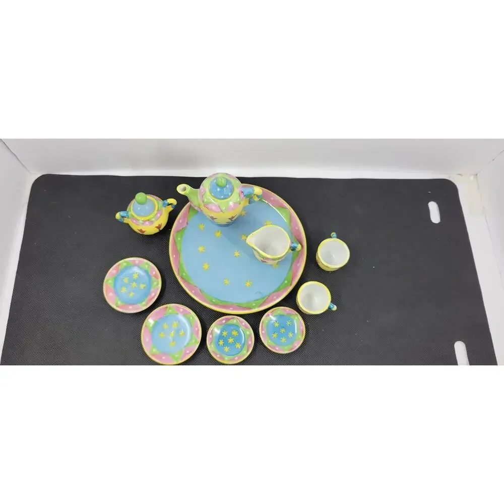 Bella Casa by Ganz Miniature Tea Set w/ Tray Hand Painted Floral Colorful